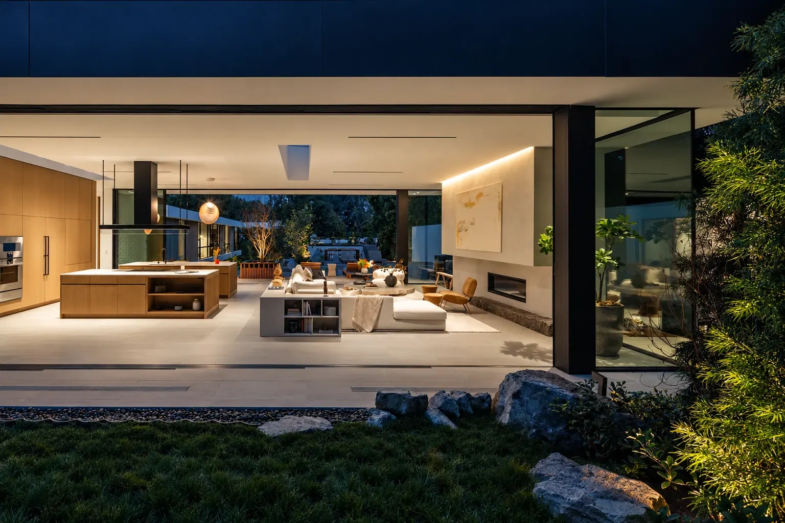 Brentwood — warm interior opening to a Japanese garden, with a navy roofline
