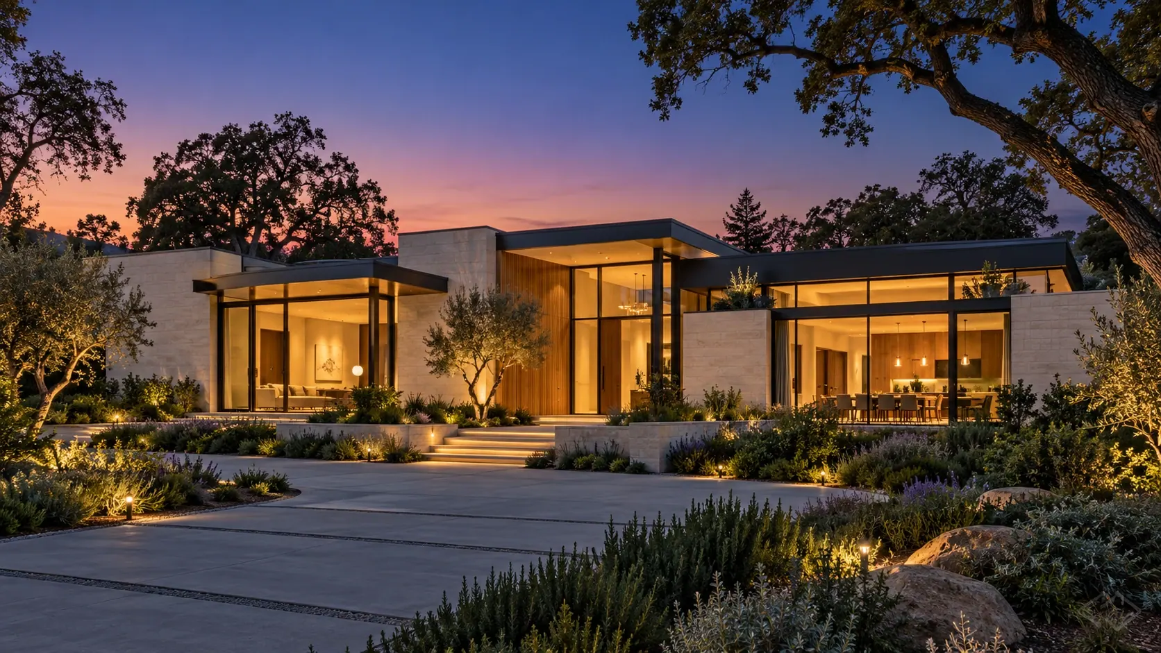 Original architectural concept — modern California home at blue hour