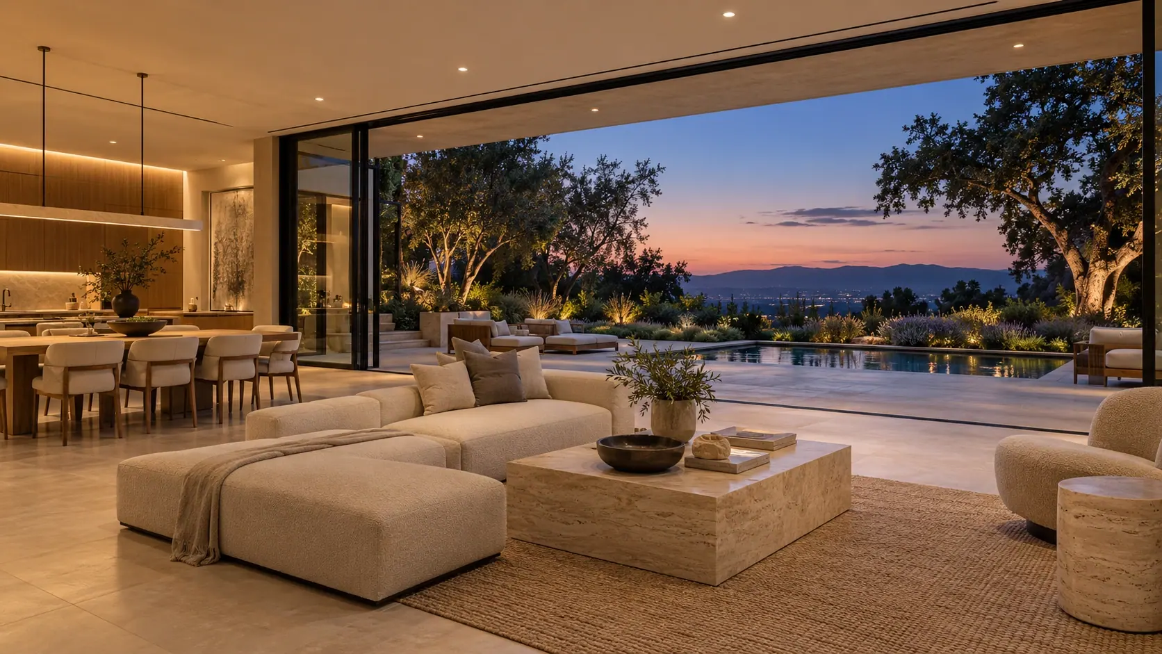Original architectural concept — indoor–outdoor living with a blush evening sky