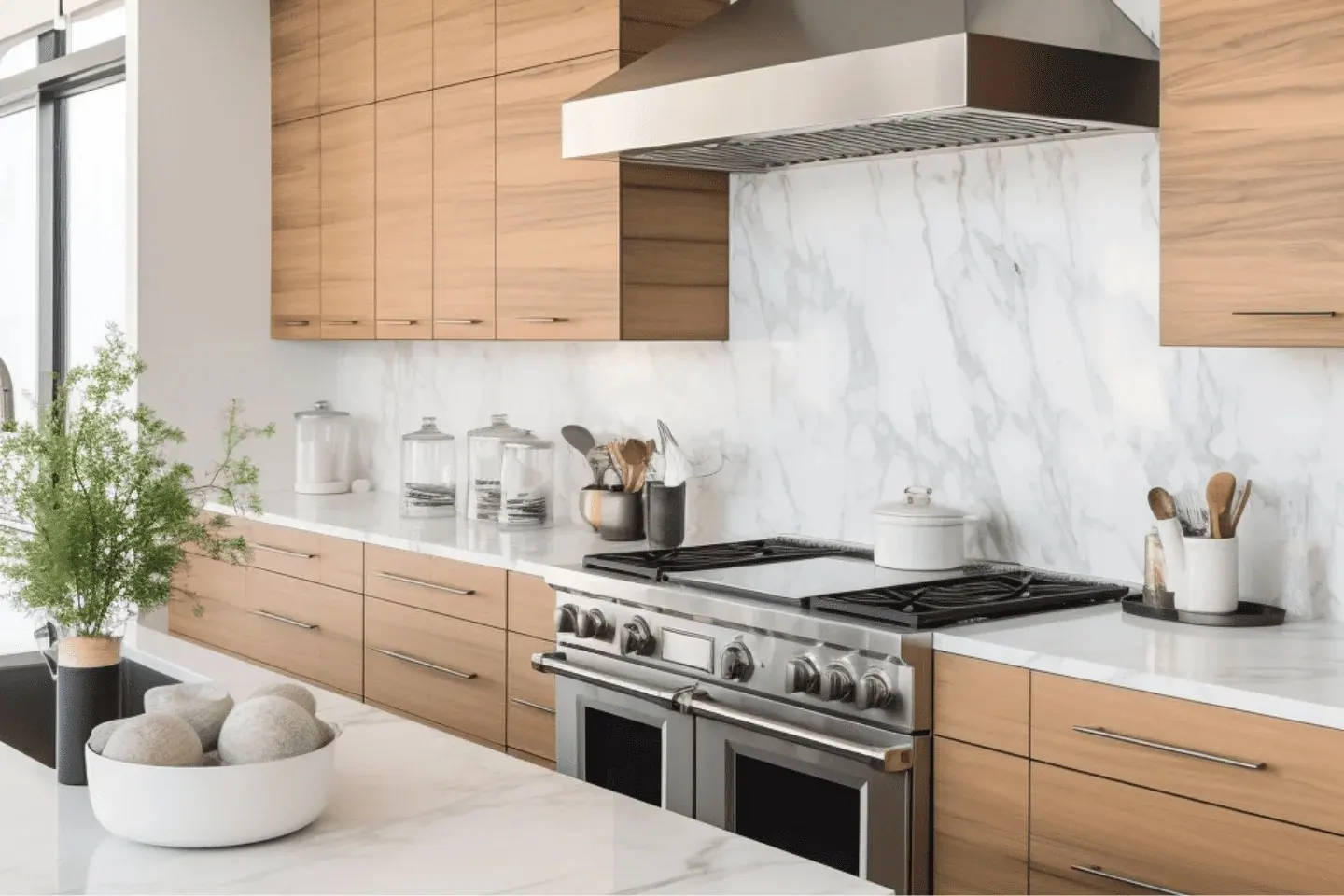 Warm wood kitchen cabinetry, pale stone counters and bright natural light